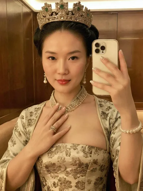 <lora:iphone_mirror_selfie_v01b:1>, iphone mirror selfie, photograph, elegant, Stunning ming dynasty queen holding iphone, sepia