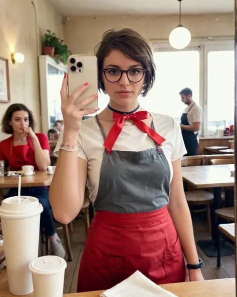 <lora:iphone_mirror_selfie_v01b:1>
((very grainy low resolution amateur:1.2))
 iphone mirror selfie
brunette short hair flowing hair, woman holding iphone pro
standing in french cafe, afternoon light, cluttered, messy, ((petite))
((wearing apron, choker, red ribbons, round glasses)),
(haze, noise, lens dirt, clipped highlights, blur, motionblur, bad quality, film grain)