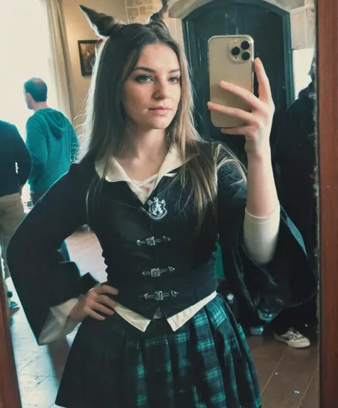 <lora:iphone_mirror_selfie_v01:1>
very grainy,
iphone mirror selfie
holding iphone pro
cute woman full body , petite, small flat breasts,
hogwarts cosplay outfit, castle
cluttered, messy,
(haze, noise, lens dirt, blownout overexposed, clipped highlights, blur, motionblur, bad quality, film grain)
