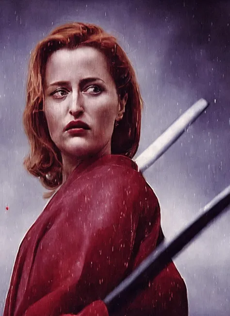 close up photo of MalGillAnder-800, Hyper realistic oil portrait painting of (sks woman as samurai with katana) covered in blood, fog, volumetric lighting, nighttime, moonlight, creepy, by greg rutkowski, ((katana)), sword, kurosawa, kill bill