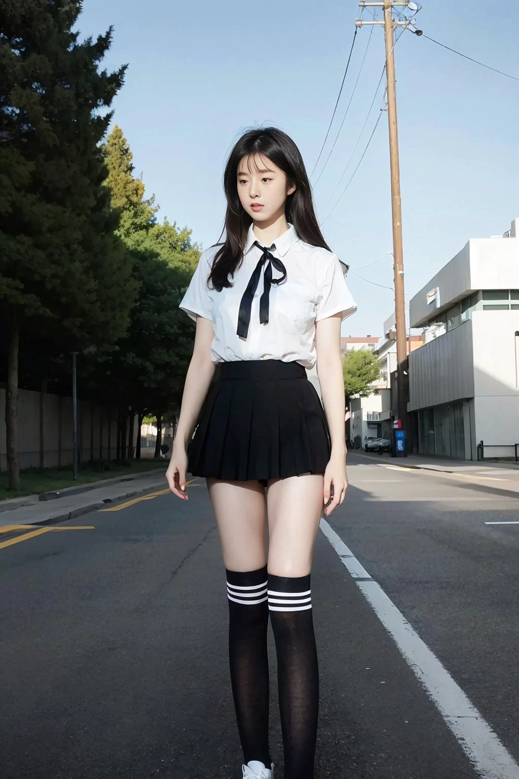 <lora:qingquxueshengfu:0.6>,<lora:1.5_perfect hands:0.8>,<lora:è
¿-000001:0.4>,full_body,a girl,school_uniform,shirt,truncated shirt,pleated_skirt,white shirt,outdoors,black pleated skirt,black tube socks,white bar,black ribbon,standing,<lora:Again_Girl_A14:0.9>,HD,highres,high quality,8k,kawaii,seijun,, best quality, masterpiece, (realistic, photo-realistic:1.37),ultra high res,highres,, illustration. media, delicate,8k wallpaper,soft light,official art,professional lighting, photon mapping, radiosity, physically-based rendering,1girl,