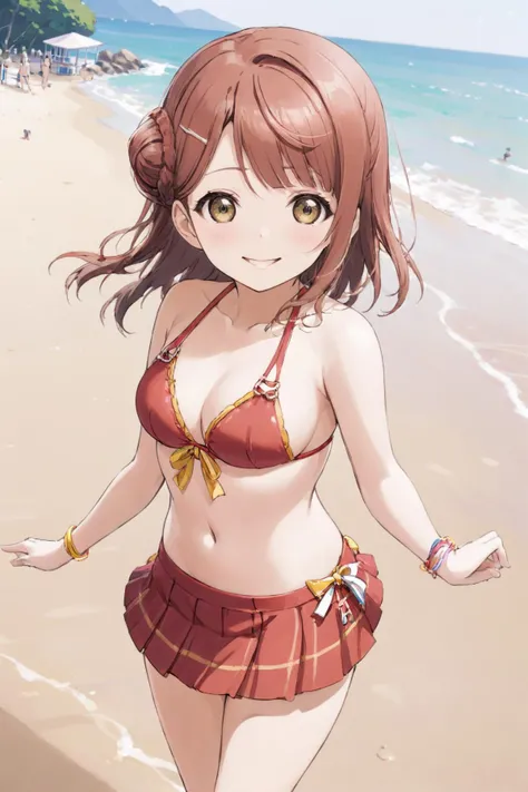 masterpiece, highly detailed, 1girl, solo, Uehara Ayumu <lora:Uehara Ayumu XL V1-000009:0.5>, on the beach, swimsuit, miniskirt, bikini top, smile, <lora:SimplePositive_XL_v1_AutoRunMech:1>