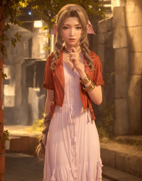 1boy,cloud strife,blonde_hair,<lora:aerith_v2:0.85>, CG, best quality, masterpiece, ((photorealistic:1.4)),CG, best quality, masterpiece, illustration, extremely detailed ,extremely detailed CG unity 8k wallpaper,
1girl,aerith gainsborough,red_jaket,pink long dress,solo,looking_at_viewer,looking up