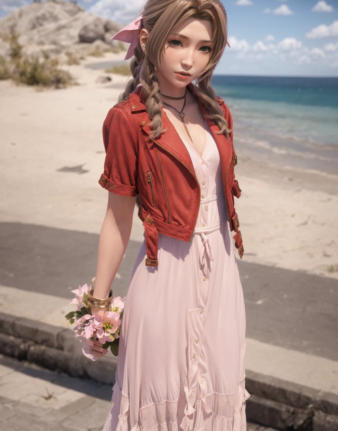 <lora:aerith_v2:1>,CG, 3d,best quality, masterpiece,CG, best quality, masterpiece, illustration, extremely detailed ,extremely detailed CG unity 8k wallpaper,realistic,
1girl,aerith gainsborough,red jaket,pink long dress,solo, depth of field,blue background,blurry_background,looking at another