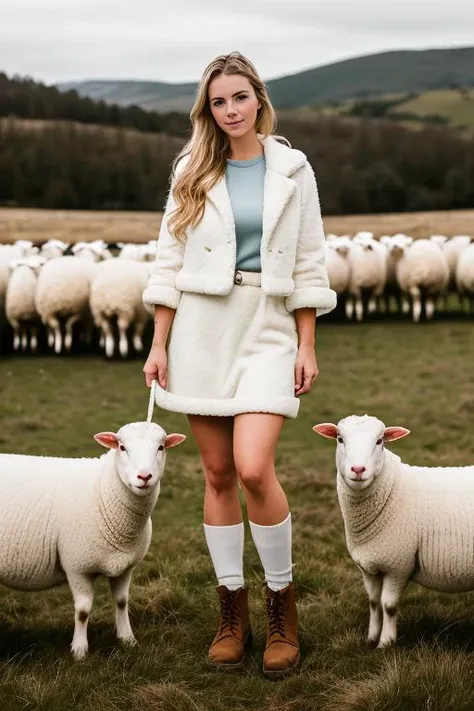 RAW photo, ScotMurm <lora:ScotMurm:0.9> , a (portrait:1.2) of full body a cute woman as a sheep farmer, (high detailed skin:1.2), 8k uhd, dslr, soft lighting, high quality, film grain, Fujifilm XT3