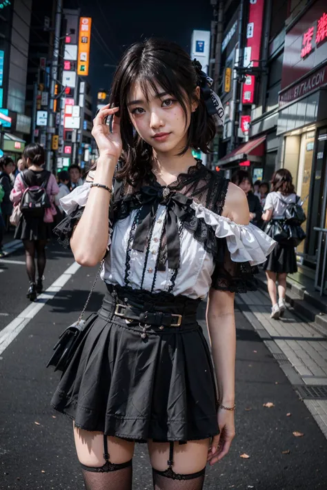 (realistic:1.3), finely detailed, quality, rembrandt lighting, (masterpiece:1.2), (photorealistic:1.2), (best quality), (detailed skin:1.3), (intricate details), dramatic, ray tracing, 1girl, japanese girl, 21 years old, detailed skin texture, (blush:0.5), (goosebumps:0.5), subsurface scattering, smiling, medium breasts, short hair curls, bangs, hair between eyes, hair ribbon, hair ornament, jirai kei attire, jirai kei, frills, ribbons, black thighhighs, cowboy shot, (night sky, tokyo, tokyo skytree, neon signs, footpath, cute pose), <lora:jiraikei_attire_style2_v1:0.6>