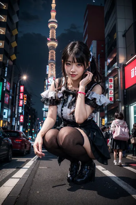 (realistic:1.3), finely detailed, quality, rembrandt lighting, (masterpiece:1.2), (photorealistic:1.2), (best quality), (detailed skin:1.3), (intricate details), dramatic, ray tracing, 1girl, japanese girl, 21 years old, detailed skin texture, (blush:0.5), (goosebumps:0.5), subsurface scattering, smiling, medium breasts, short hair curls, bangs, hair between eyes, hair ribbon, hair ornament, jirai kei attire, jirai kei, frills, ribbons, black thighhighs, high heels, squatting, (night sky, tokyo, tokyo skytree, neon signs, footpath, cute pose), <lora:jiraikei_attire_style2_v1:0.6>
