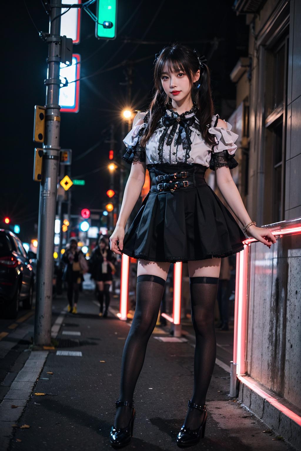 Araffe dressed in a black and white dress and stockings standing on a ...