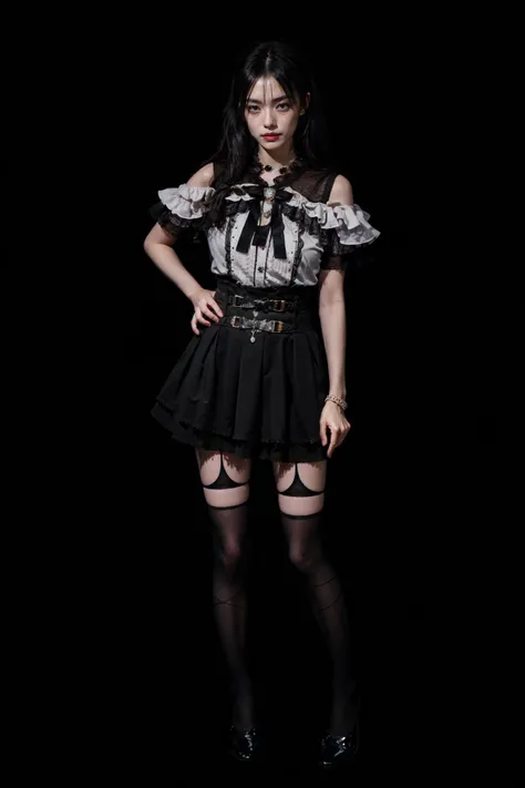 (1girl, 30yo), , <lora:jiraikei_attire_style2_v1:0.8> standing, full body, jirai kei attire, thighhighs, glamorous , stylish , trendy , by Richard Avedon , Helmut Newton , Mario Testino , Annie Leibovitz , Steven Meisel
