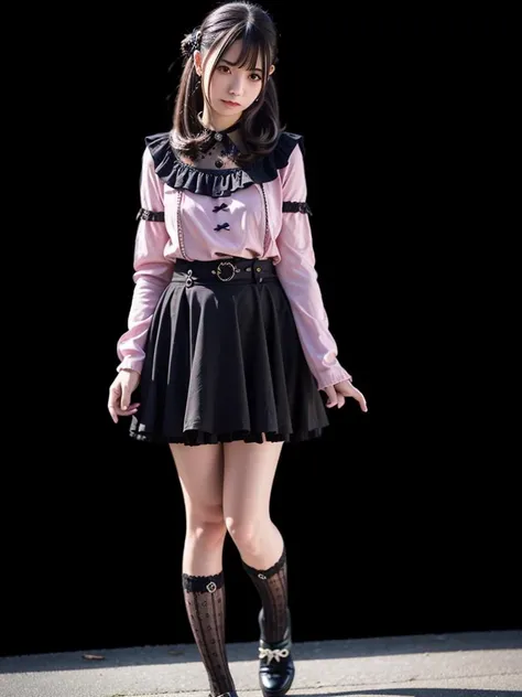 realistic, photorealistic, masterpiece, best quality, 1girl, solo, standing in street, night, looking at viewer, smile, jiraikei shirt, jiraikei skirt, black frilled socks,
<lora:jiraikei_v1:0.7>, puffy eyes, short trimed hairstyle, beautiful detailed eyes, (emotionless:1.6)