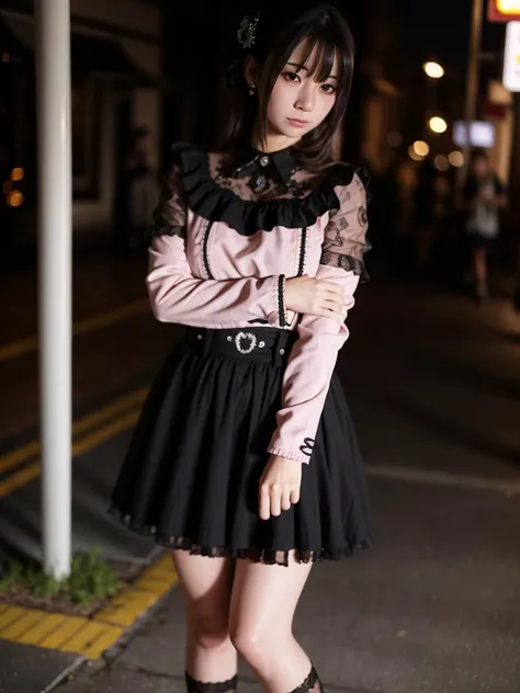 realistic, photorealistic, masterpiece, best quality, 1girl, solo, standing in street, night, looking at viewer, smile, jiraikei shirt, jiraikei skirt, black frilled socks,
<lora:jiraikei_v1:0.7>, puffy eyes, short trimed hairstyle, beautiful detailed eyes, (emotionless:1.6), embaressed, angry