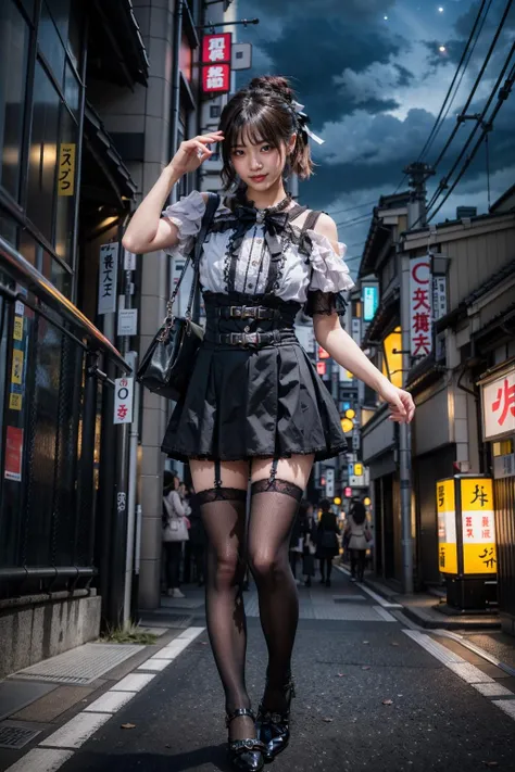 (realistic:1.3), finely detailed, quality, rembrandt lighting, (masterpiece:1.2), (photorealistic:1.2), (best quality), (detailed skin:1.3), (intricate details), dramatic, ray tracing, 1girl, japanese girl, 21 years old, detailed skin texture, (blush:0.5), (goosebumps:0.5), subsurface scattering, smiling, medium breasts, short hair curls, bangs, hair between eyes, hair ribbon, hair ornament, jirai kei attire, jirai kei, frills, ribbons, black thighhighs, high heels, strolling, (night sky, tokyo, tokyo skytree, neon signs, footpath, cute pose), <lora:jiraikei_attire_style2_v1:0.6>