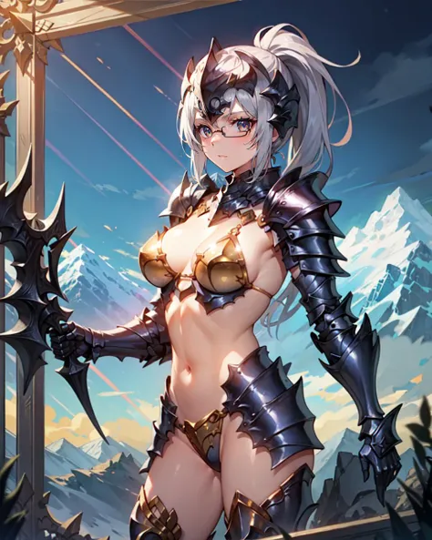 1girl, gold bikini armor, helm, silver hair, ponytail, (glass field, mountain:1.3)
<lora:leco_BikiniArmor2_last:-1.5>