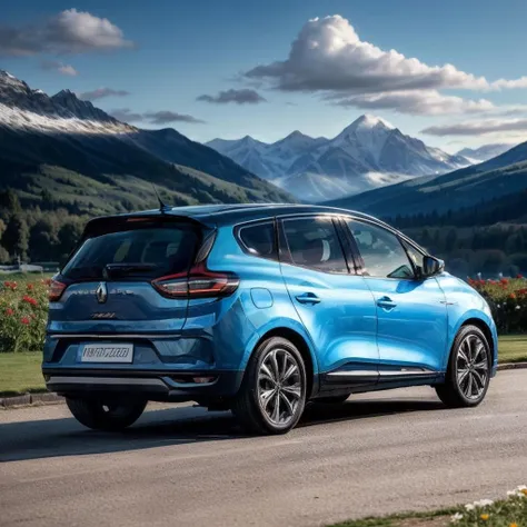 ((Masterpiece, Best Quality, 8k))RenaultScenic, a blue car parked on the grass in a park, flowers, blue sky, outside, mountains, sun, clouds, sharp focus, photo by greg rutkowski, soft lighting, super resolution, ultra hd, megapixel, Realism, RTX, Ambient Occlusion, Natural Lighting, Sunlight <lora:renault_scenic:0.45> <lora:more_details:0.65>