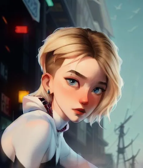 <lora:gwen_stacy_v1.1:0.8>, ((masterpiece)), (cinematic lighting), a close-up, beautiful stylized illustration of gwen_stacy, with a sidecut, asymetrical blonde hair, with incredibly detailed blue eyes and a beautiful detailed face, with parted lips, the side of her head shaved, bare shoulders, casual in the city, looking away, by jeremy mann, by sandra chevrier, by dave mckean and richard avedon and maciej kuciara, high detailed, 8k, samdoesart style