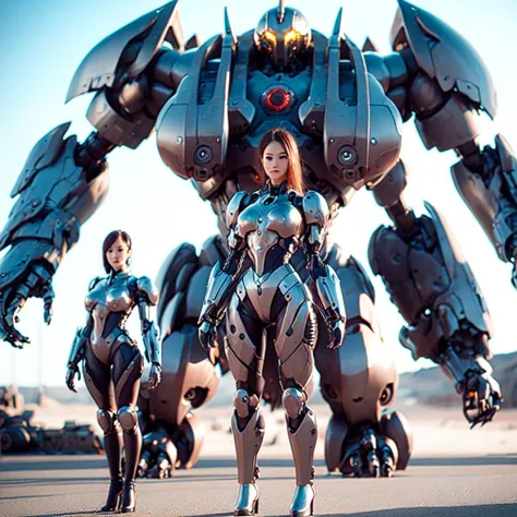 photo, a woman in a body suit standing in front of a giant robot (MechAssassin style:1) <lora:djzMechAssassinV21:0.8>