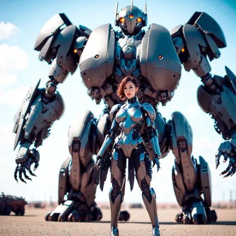 photo, a woman in a body suit standing in front of a giant robot (MechAssassin style:1) <lora:djzMechAssassinV21:0.8>