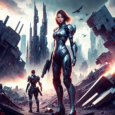 photo, a woman in a futuristic outfit standing in front of a destroyed city (MechAssassin style:1) <lora:djzMechAssassinV21:0.8>