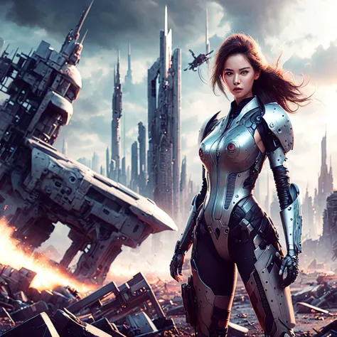photo, a woman in a futuristic outfit standing in front of a destroyed city (MechAssassin style:1) <lora:djzMechAssassinV21:0.8>