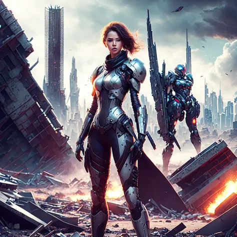 photo, a woman in a futuristic outfit standing in front of a destroyed city (MechAssassin style:1) <lora:djzMechAssassinV21:0.8>
