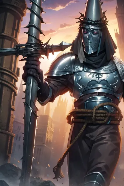 penitentone, <lyco:penitentone-LYCORIStest:1>,
penitent one, gloves, 1boy, holding, weapon, sword, cape, holding weapon, armor, capelet, holding sword, helmet, shoulder armor, brown gloves, pauldrons, breastplate, full armor, (covered face:1.7), (black eyes:1.5),
BREAK ,
BREAK looking at viewer,
BREAK outdoors, castle,
BREAK <lora:GoodHands-vanilla:1>, (masterpiece:1.2), best quality, high resolution, unity 8k wallpaper, (illustration:0.8), (beautiful detailed eyes:1.6), extremely detailed face, perfect lighting, extremely detailed CG, (perfect hands, perfect anatomy),