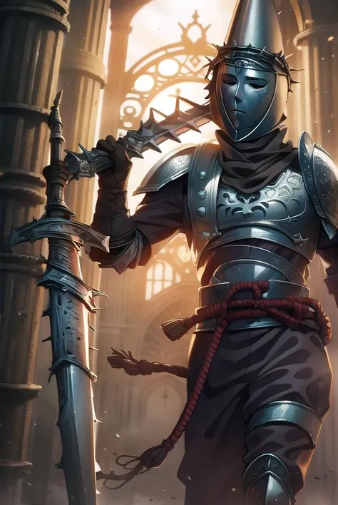 penitentone, <lyco:penitentone-LYCORIStest:1>,
penitent one, gloves, 1boy, holding, weapon, sword, cape, holding weapon, armor, capelet, holding sword, helmet, shoulder armor, brown gloves, pauldrons, breastplate, full armor, (covered face:1.7), (black eyes:1.5),
BREAK ,
BREAK looking at viewer,
BREAK outdoors, castle,
BREAK <lora:GoodHands-vanilla:1>, (masterpiece:1.2), best quality, high resolution, unity 8k wallpaper, (illustration:0.8), (beautiful detailed eyes:1.6), extremely detailed face, perfect lighting, extremely detailed CG, (perfect hands, perfect anatomy),