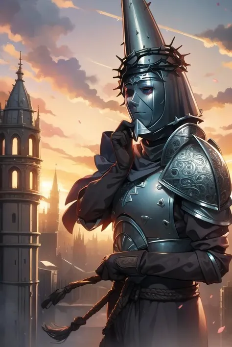 penitentone, <lyco:penitentone-LYCORIStest:1>,
penitent one, gloves, 1boy, holding, weapon, sword, cape, holding weapon, armor, capelet, holding sword, helmet, shoulder armor, brown gloves, pauldrons, breastplate, full armor, (covered face:1.7), (black eyes:1.5),
BREAK ,
BREAK looking at viewer,
BREAK outdoors, castle,
BREAK <lora:GoodHands-vanilla:1>, (masterpiece:1.2), best quality, high resolution, unity 8k wallpaper, (illustration:0.8), (beautiful detailed eyes:1.6), extremely detailed face, perfect lighting, extremely detailed CG, (perfect hands, perfect anatomy),