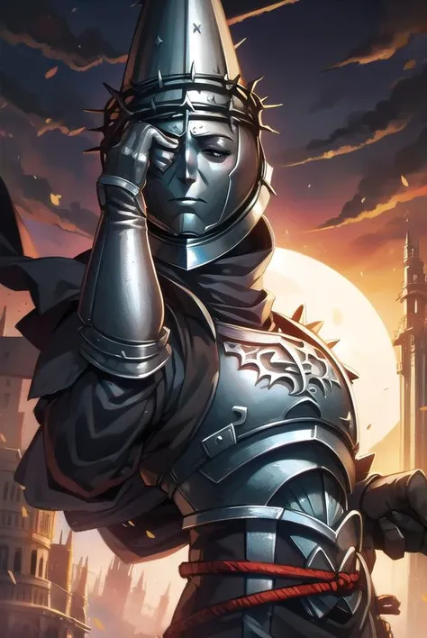 penitentone, <lyco:penitentone-LYCORIStest:1>,
penitent one, gloves, 1boy, holding, weapon, sword, cape, holding weapon, armor, capelet, holding sword, helmet, shoulder armor, brown gloves, pauldrons, breastplate, full armor, (covered face:1.7), (black eyes:1.5),
BREAK ,
BREAK looking at viewer,
BREAK outdoors, castle,
BREAK <lora:GoodHands-vanilla:1>, (masterpiece:1.2), best quality, high resolution, unity 8k wallpaper, (illustration:0.8), (beautiful detailed eyes:1.6), extremely detailed face, perfect lighting, extremely detailed CG, (perfect hands, perfect anatomy),