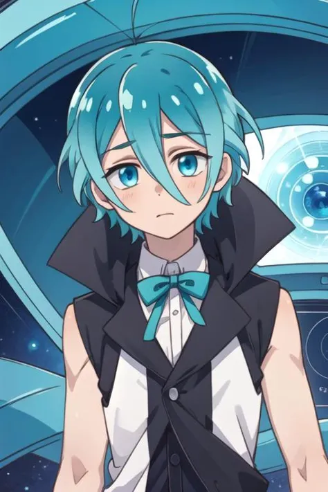 masterpiece, best quality, , 1boy, solo, male focus, looking at viewer, upper body, , <lora:hibiki_kimiya:0.74>, hibiki_kimiya, aqua hair, aqua eyes, sleeveless shirt, , science fiction transhumanism, 2k resolution