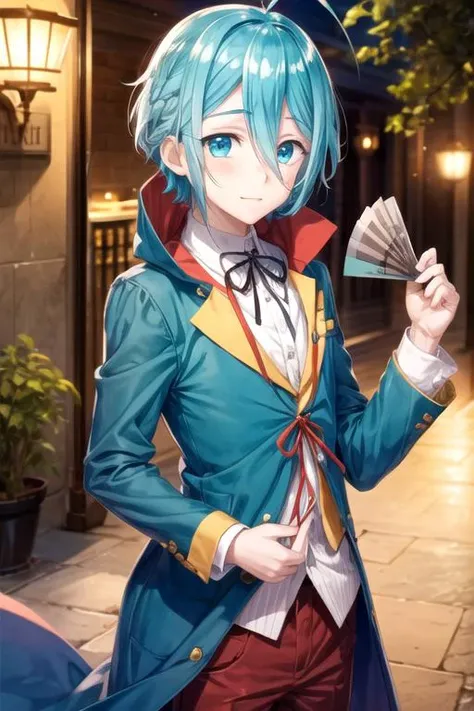 masterpiece, best quality, illustration, 1boy, solo, male focus, looking at viewer, , depth of field, <lora:hibiki_kimiya:0.68>, hibiki_kimiya, aqua hair, aqua eyes, leprechaun costume, , HD-DVD
