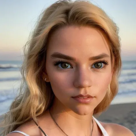 Picture, best quality, a woman in the beach at sunrise, photo of beautiful ATJ<lora:ATJ:1.0>, casual, ((brown eyes)), looking at viewer, blonde hair, perfect face, perfect eyes, sharp focus, Intricate, High Detail, dramatic, photorealistic,