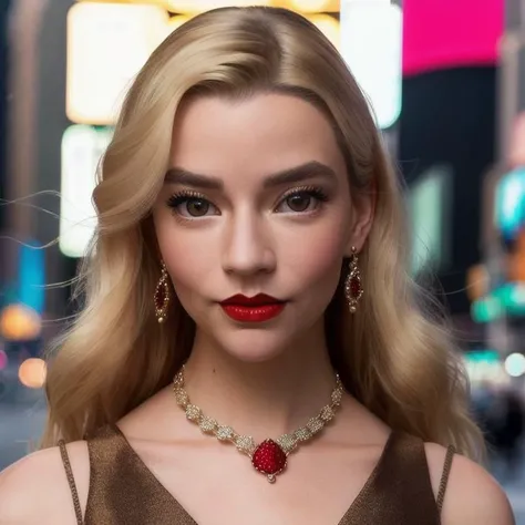 Picture, best quality, a woman in times square at night, photo of beautiful ATJ<lora:ATJ:1.0>, night dress, ((brown eyes)), make up, red lips, jewlery, looking at viewer, blonde hair, perfect face, perfect eyes, sharp focus, Intricate, High Detail, dramatic, photorealistic,