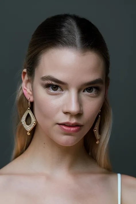 Realistic photo of a beautiful 4ny4t-v2 woman, 1girl, solo, long hair, looking at viewer, blonde hair, simple background, brown eyes, earrings, parted lips, teeth, grey background, lips, portrait, realistic, soft lighting, professional Photography, Photorealistic, detailed, RAW, analog, sharp focus, 8k, HD, DSLR, high quality, Fujifilm XT3, film grain, award winning, masterpiece<lora:4ny4t-v2:1.0>