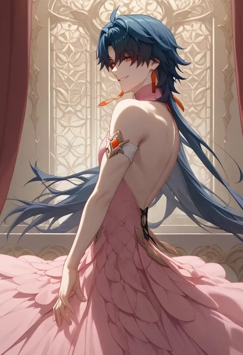 score_9, score_8_up, score_7_up, ultra detailed, masterpiece, highres, absurdres, OverallDetail, source_anime, anime screenshot, perfect, uncensored, perfect hands, perfect proportions, beautiful, official art, young, skinny,
1boy, solo, blade (honkai:star rail), pink dress, tutu, smile, dancing, ballet, happy