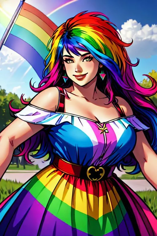 best quality, masterpiece, ultra high res, photorealistic, 1girl, male focus, transgender female, rainbow hair, gay pride flag dress, gender diverse, pride flag, offshoulder, smile, mature, voluptuous, bbw,