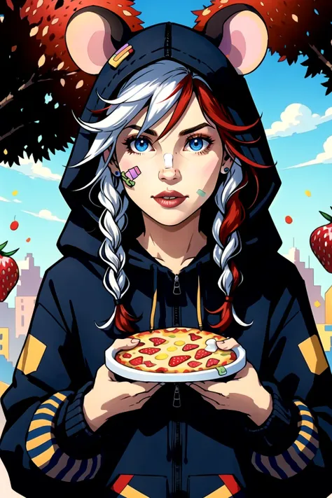 1girl, solo, long hair, looking at viewer, blue eyes, black hair, hair ornament, bow, animal ears, hair between eyes, jacket, braid, white hair, red hair, food, hood, twin braids, streaked hair, hoodie, fruit, bandaid, hooded jacket, hood up, multicolored eyes, strawberry, mouse ears, bandaid on face, cherry, bandaid on nose, mouse girl, cheese, sticker, outdoors