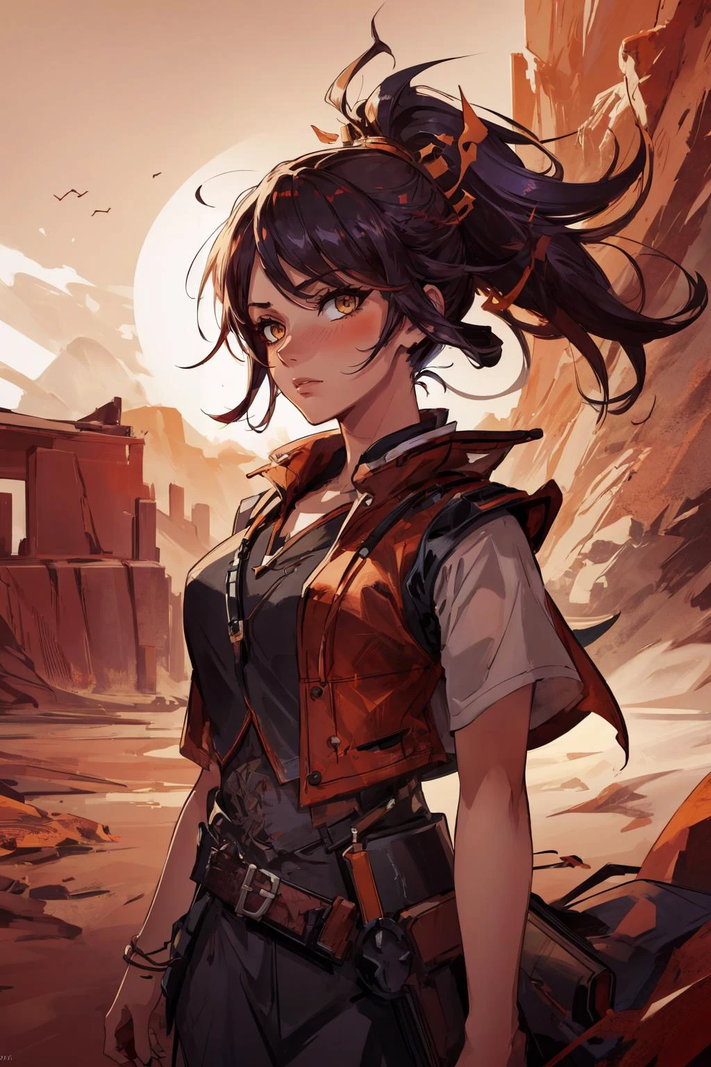 maximum details, cinematic, (abstract art:1.1), stylized, deep shadow, <lora:add_detail:0.5>, <lora:epi_noiseoffset2:0.5>,
1 girl, adult woman, coral eyes, yellow prom hairstyle,
looking down, focus on character, solo, upper body, detailed face, (<lora:SamuraiPunkAIv3:0.6>, SamuraiPunkAI theme:1.1), sheriff, pocket-watch, vest, walking, gritty expression, 19th century wild west, american frontier, wild west era red canyon in background, tumbleweed, dusk, cinematic atmosphere, wind blowing,
<lora:Volumetric Lighting-000018:0.3>, volumetric lighting, backlight,