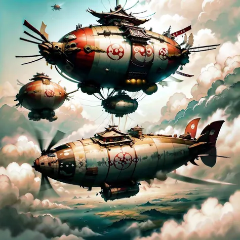<lora:SamuraiPunkAIv3-000007:.9> SamuraiPunkAI dirigible in skies, clouds