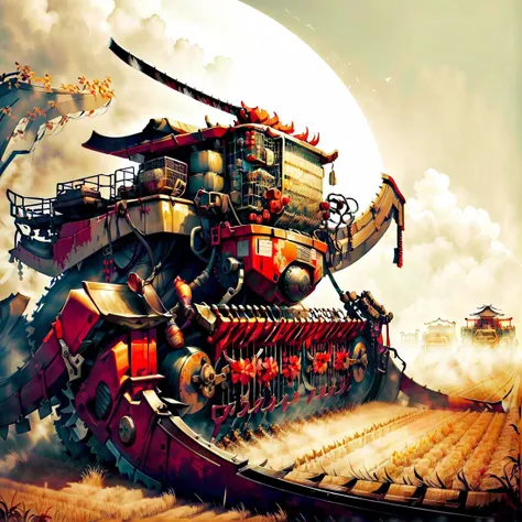 <lora:SamuraiPunkAIv3-000007:.9> SamuraiPunkAI combine harvester on field