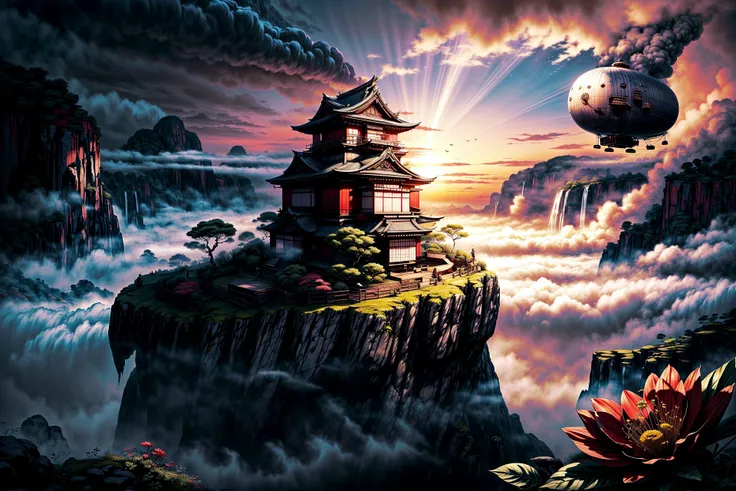 <lora:more_details:1.0> <lora:style-samuraipunkai:0.6> (masterpiece, best quality, 8k, ultra highres, absurdres, highres:1.2), (a floating island in a sea of clouds:1.4) with a (samuraipunkai building:1.26), (lush vegetation, waterfalls cascading down:1.4), a huge red (samuraipunkai dirigible:1.4) is anchored to the ground, (cliff edge with exotic flowers in foreground:1.6), (cinematic lighting:1.46), extremely detailed, dramatic sky, cloudy, (dawn:1.2), (crepuscular rays:0.9), (style of Hiroshi Yoshida:1.4), (red:0.9)