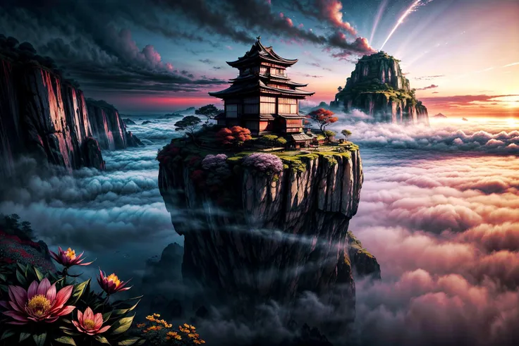 <lora:more_details:1.4> <lora:style-samuraipunkai:0.6> (masterpiece, best quality, 8k, ultra highres, absurdres, highres:1.2), (a floating island in a sea of clouds:1.4) with a (samuraipunkai building:1.2), (lush vegetation, waterfalls cascading down:1.2), a huge (samuraipunkai dirigible:1.2) is anchored to the ground, (cliff edge with exotic flowers in foreground:1.6), (cinematic lighting:1.46), extremely detailed, dramatic sky, cloudy, (dawn:1.2), (crepuscular rays:1.2), (style of Hiroshi Yoshida:1.4), (red:0.9)