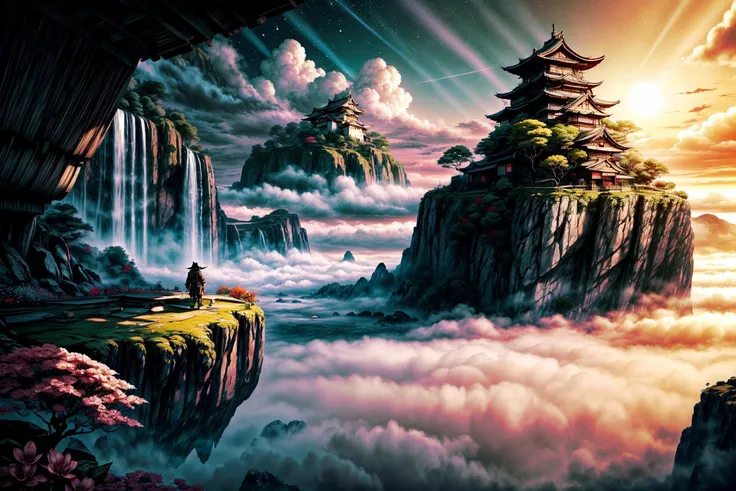 <lora:more_details:1.4> <lora:style-samuraipunkai:0.6> (masterpiece, best quality, 8k, ultra highres, absurdres, highres:1.2), (a floating island in a sea of clouds:1.4) with a (samuraipunkai building:1.2), (lush vegetation, waterfalls cascading down:1.2), a huge (samuraipunkai dirigible:1.2) is anchored to the ground, (cliff edge with exotic flowers in foreground:1.6), (cinematic lighting:1.46), extremely detailed, dramatic sky, cloudy, (dawn:1.2), (crepuscular rays:1.2), (style of Hiroshi Yoshida:1.4), (red:0.7)