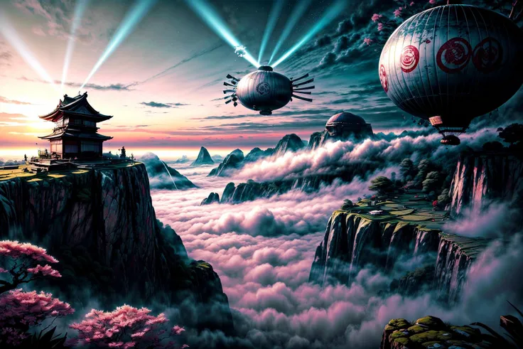 <lora:more_details:1.4> <lora:style-samuraipunkai:0.6> (masterpiece, best quality, 8k, ultra highres, absurdres, highres:1.2), (a floating island in a sea of clouds:1.4) with a (samuraipunkai building:1.2), (lush vegetation, waterfalls cascading down:1.2), a huge (samuraipunkai dirigible:1.7) is anchored to the ground, (cliff edge with exotic flowers in foreground:1.6), (cinematic lighting:1.46), extremely detailed, dramatic sky, cloudy, (dawn:1.2), (crepuscular rays:1.2), (style of Hiroshi Yoshida:1.4)