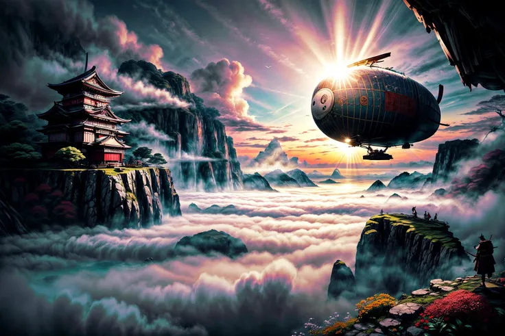 <lora:more_details:1.4> <lora:style-samuraipunkai:0.6> (masterpiece, best quality, 8k, ultra highres, absurdres, highres:1.2), (a floating island in a sea of clouds:1.4) with a (samuraipunkai building:1.2), (lush vegetation, waterfalls cascading down:1.2), a huge (samuraipunkai dirigible:1.6) is anchored to the ground, (cliff edge with exotic flowers in foreground:1.6), (cinematic lighting:1.46), extremely detailed, dramatic sky, cloudy, (dawn:1.2), (crepuscular rays:1.2), (style of Hiroshi Yoshida:1.4)