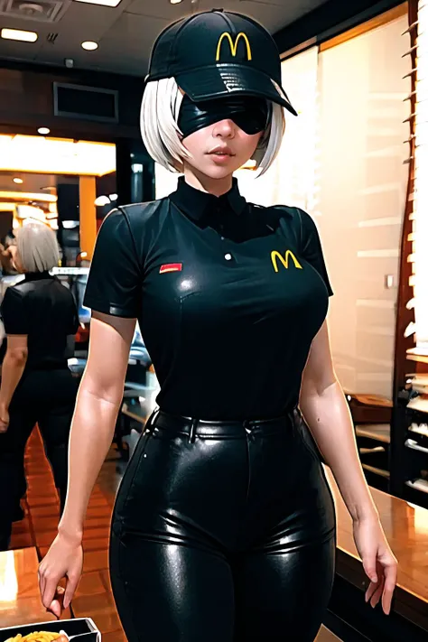 Highly detailed, High Quality, Masterpiece, beautiful, 1girl, solo, n_2b, black blindfold, large breasts, <lora:Char_Nier_2B:1>, McDonaldsUniform, shirt, black shirt, uniform, black pants, pants, cap, <lora:Outfit_McDonaldsUniformBlack:1>, cowboy shot, table, fries, cup