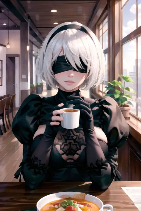 Highly detailed, High Quality, Masterpiece, beautiful, 1girl, solo, n_2b, blindfold, black blindfold, large breasts, <lora:Char_Nier_2B:1>, food, simple background, elbows on table, cup, blurry background, indoors, upper body, <lora:Pos_AcrossTable:1>, seductive smile, blush, nervous, motion lines,