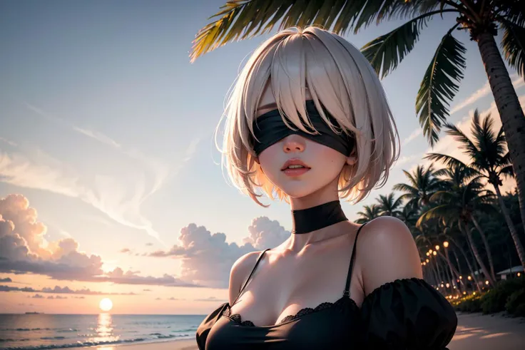 A picturesque tropical beach at sunset with palm trees golden sand and calm ocean waters,Ultra-detail,(highres:1.1),best quality,(masterpiece:1.3),cinematic lighting,
BREAK,
(detailed face and eyes:1.1),(upper body:1.1),<lora:n_2b>,n_2b,blindfold,black blindfold,(1girl:1.1),