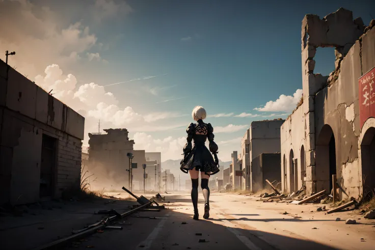 <lora:n_2b>,n_2b,blindfold,black blindfold,standing,looking back,landscape background,ruins,post apocalypse,Ultra-detail,(highres:1.1),best quality,(masterpiece:1.3),cinematic lighting,