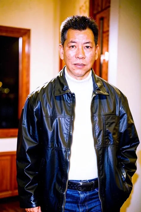 best quality, ultra high res, (photorealistic:1.4), masterpiece, blurry background,indoors,1boy,standing ,(looking at viewer), black leather coat, <lora:lizhaoji:0.8>