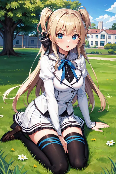 masterpiece, best quality, highres, 1girl, solo, long hair, blonde hair, two side up, (hair ribbon:1.1), blue eyes, neck ribbon, school uniform, white jacket, juliet sleeves, long sleeves, white skirt, thigh ribbon, black thighhighs, <lora:sena_airi_v1:0.7>, wariza, grass, building, :o, loafers,